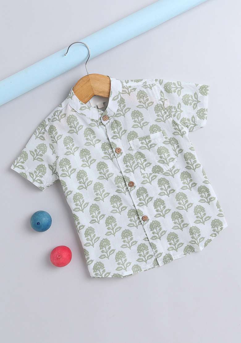 Green Printed Cotton Shirt For Boys - Indya