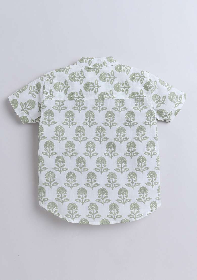 Green Printed Cotton Shirt For Boys - Indya
