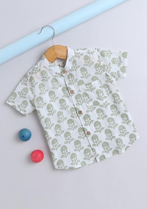 Green Printed Cotton Shirt For Boys