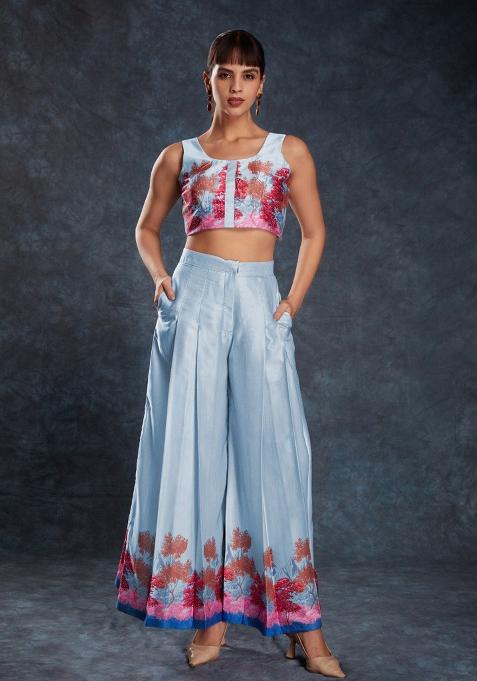 Sky Blue Printed Satin Co Ord Set