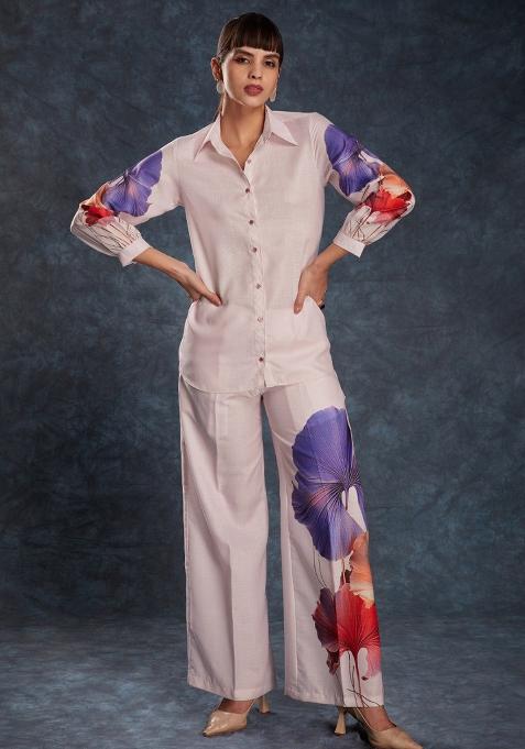 Light Pink Printed Linen Co Ord Set