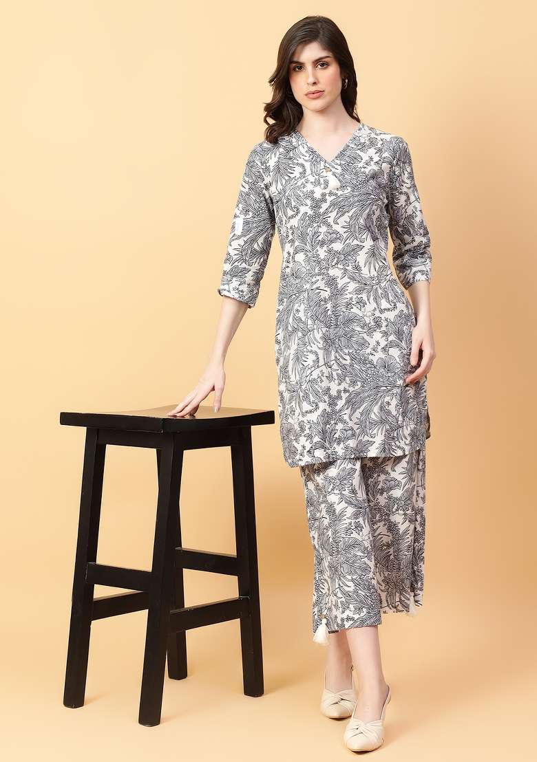Grey embroidered Cotton Co Ords Sets - Indya