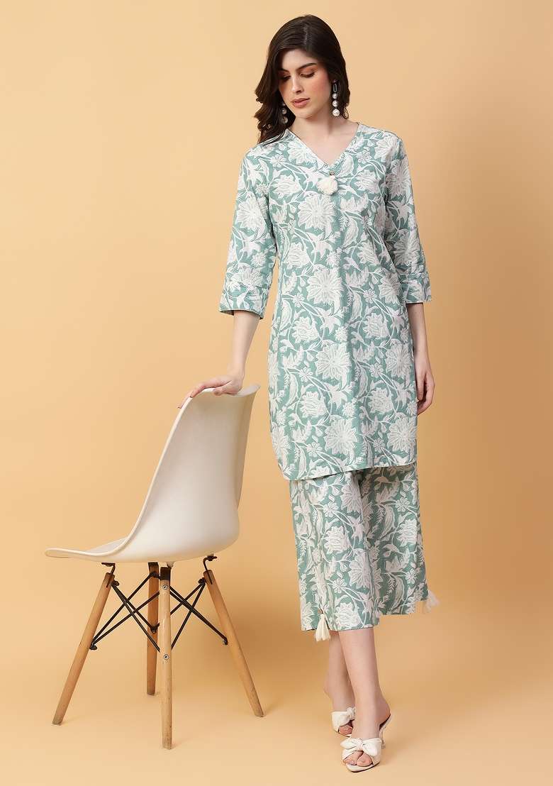 Green embroidered Cotton Co Ords Sets - Indya