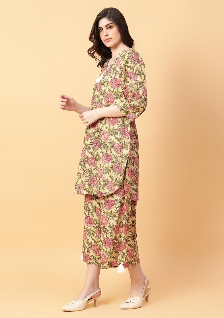 Beige embroidered Cotton Co Ords Sets