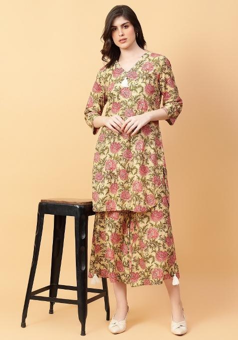 Beige embroidered Cotton Co Ords Sets