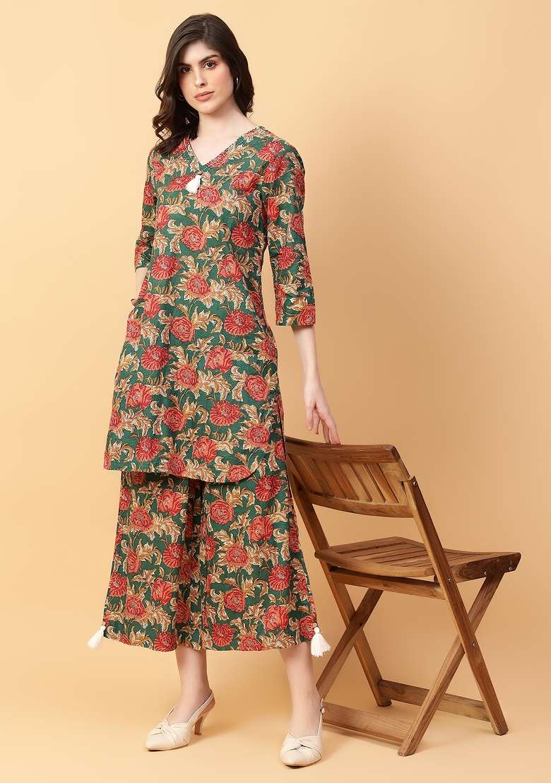 Green embroidered Cotton Co Ords Sets - Indya