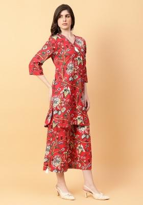 Red embroidered Cotton Co Ords Sets