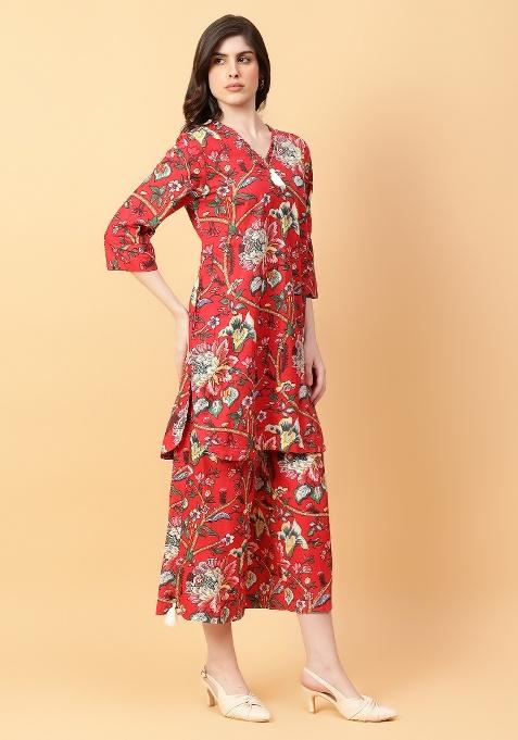 Red embroidered Cotton Co Ords Sets