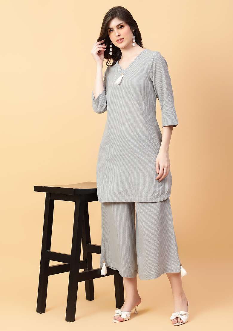 Grey embroidered Cotton Co Ords Sets - Indya