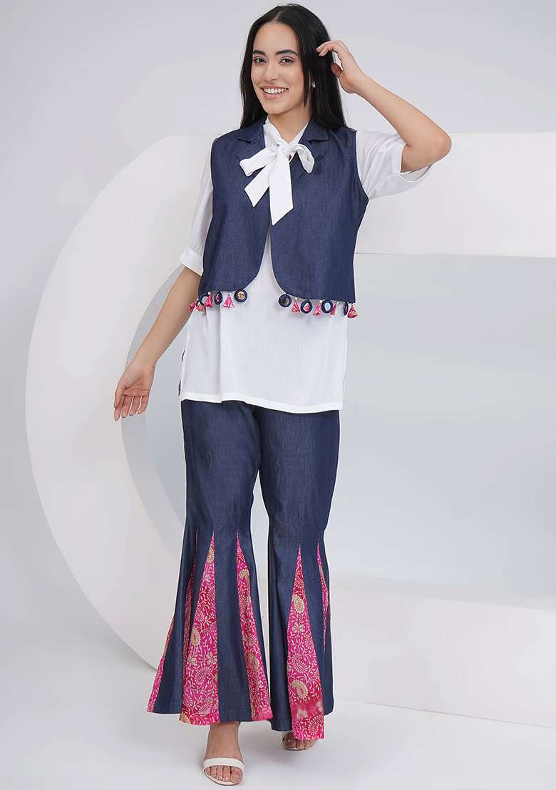 White Embellishment Rayon Co Ord Set - Indya