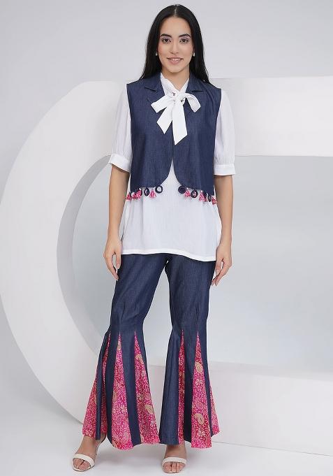 White Embellishment Rayon Co Ord Set