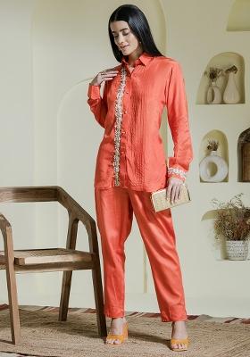 Orange Embroidered Modal Cotton Co Ord Sets