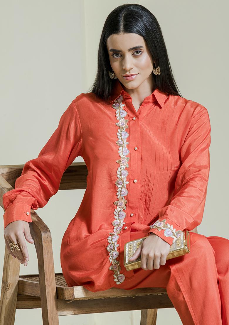 Orange Embroidered Modal Cotton Co Ord Sets