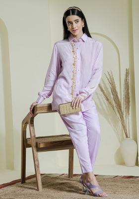 Lilac Purple Embroidered Modal Cotton Co Ord Sets