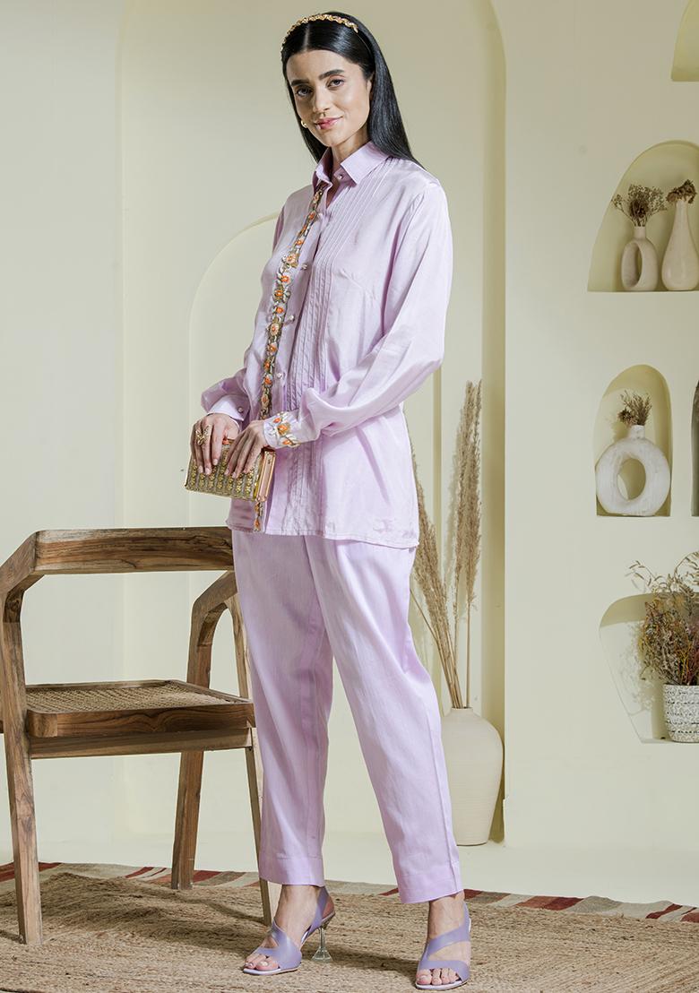 Lilac Purple Embroidered Modal Cotton Co Ord Sets