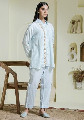 Powder Blue Embroidered Modal Cotton Co Ord Sets
