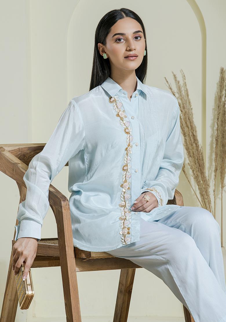 Powder Blue Embroidered Modal Cotton Co Ord Sets
