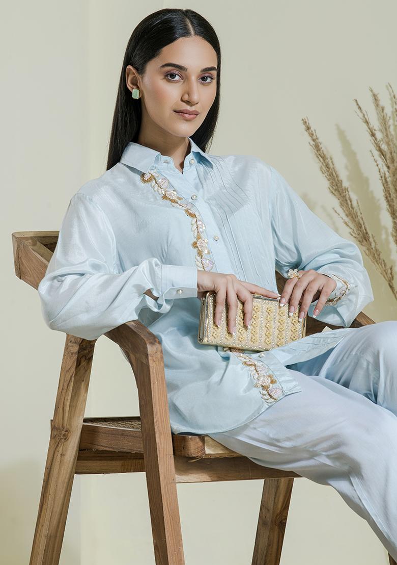 Powder Blue Embroidered Modal Cotton Co Ord Sets