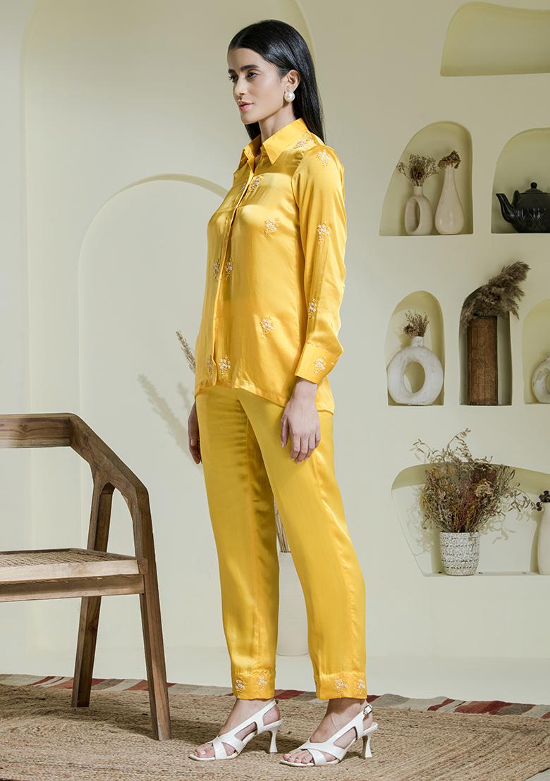 Yellow Embroidered Satin Co Ord Sets