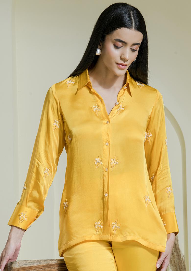 Yellow Embroidered Satin Co Ord Sets