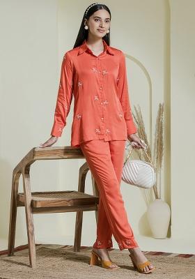 Orange Embroidered Satin Co Ord Sets