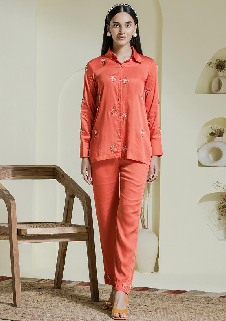 Orange Embroidered Satin Co Ord Sets