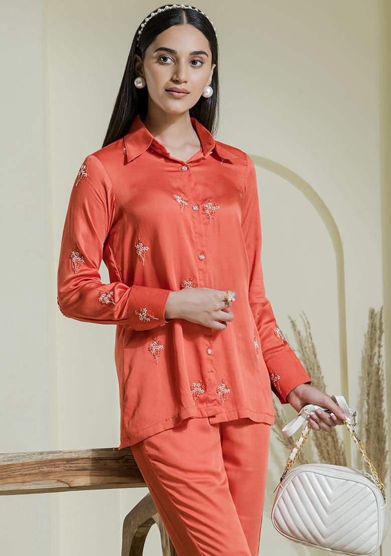 Orange Embroidered Satin Co Ord Sets