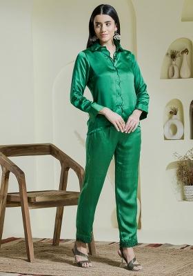 Green Embroidered Satin Co Ord Sets