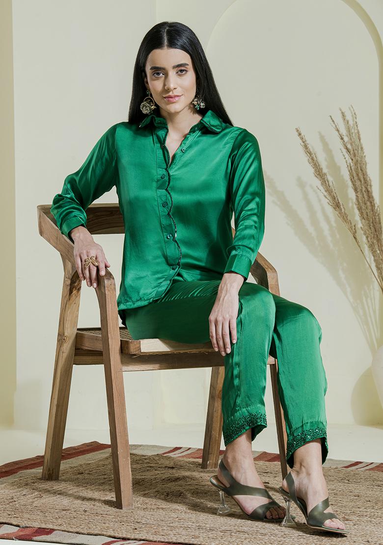 Green Embroidered Satin Co Ord Sets
