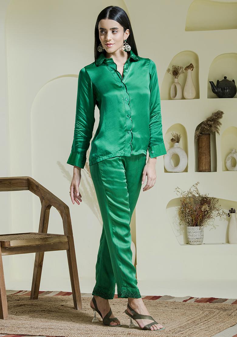 Green Embroidered Satin Co Ord Sets