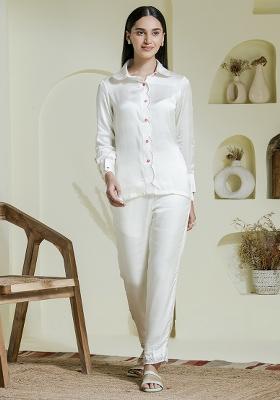 White Embroidered Satin Co Ord Sets