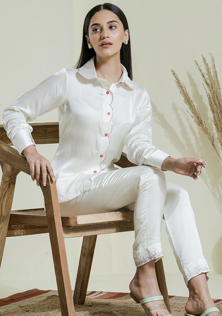 White Embroidered Satin Co Ord Sets