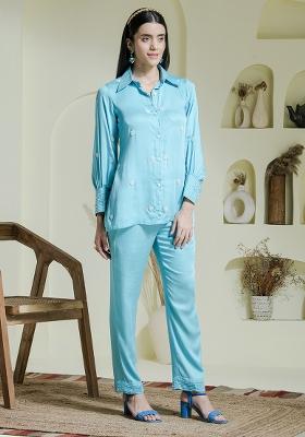 Blue Embroidered Modal Cotton Co Ord Sets