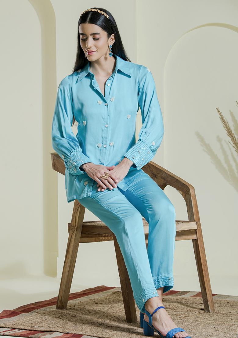 Blue Embroidered Modal Cotton Co Ord Sets