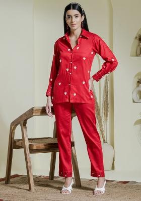 Red Embroidered Modal Cotton Co Ord Sets