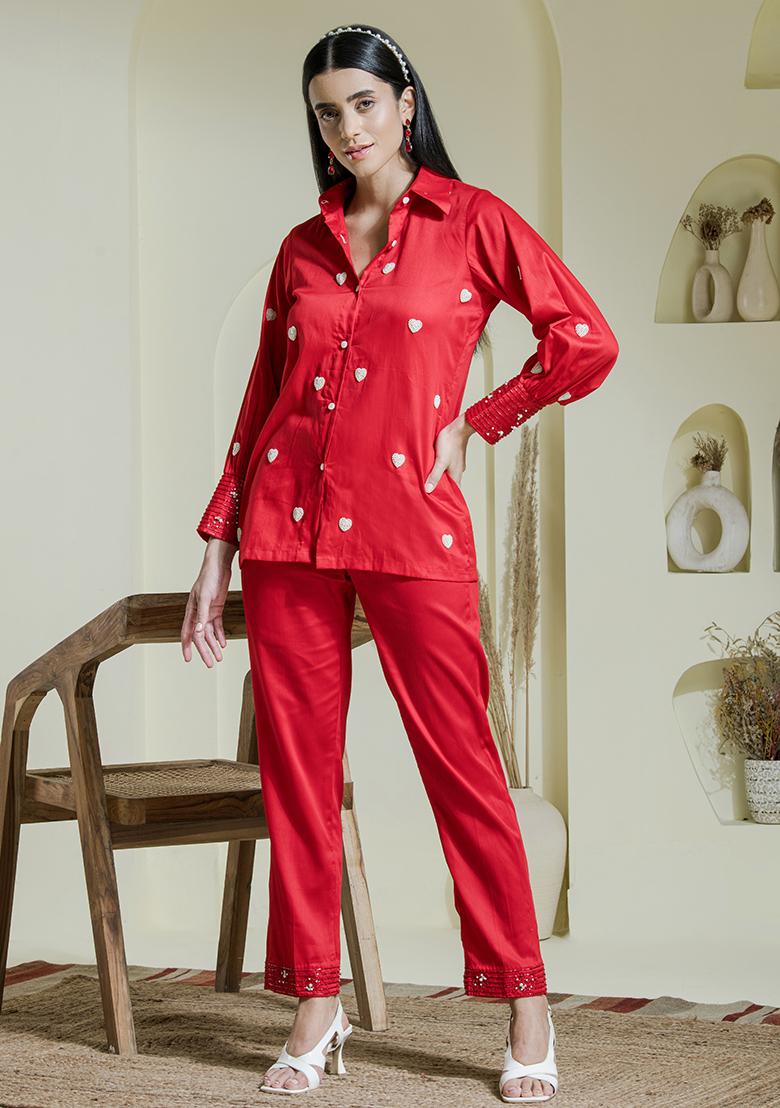 Red Embroidered Modal Cotton Co Ord Sets