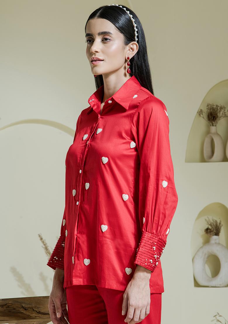 Red Embroidered Modal Cotton Co Ord Sets