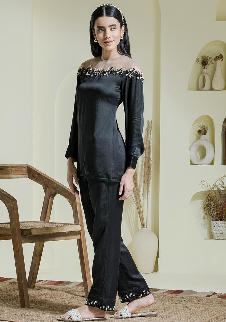 Black Embroidered Satin Co Ord Sets