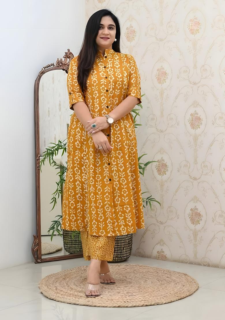 Yellow Embroidered Cotton Salwar Kameez