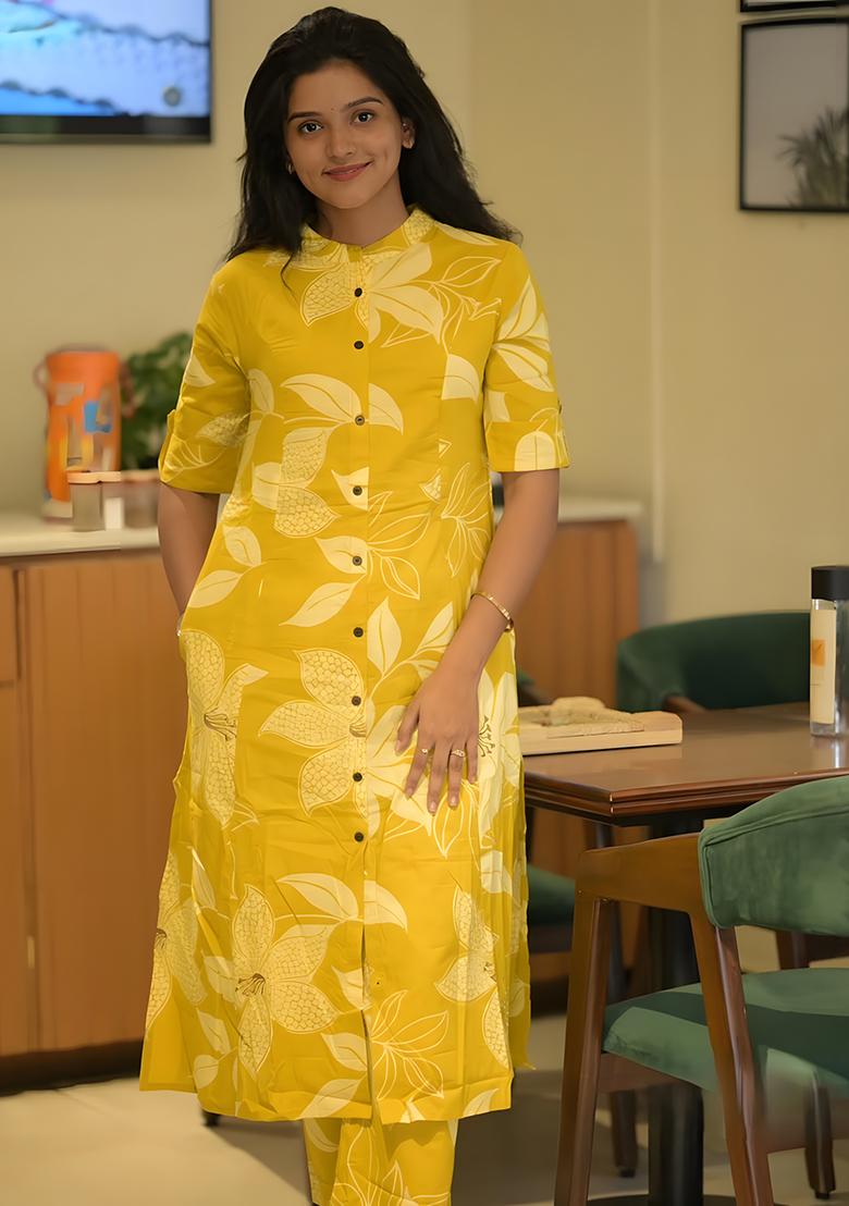 Yellow Embroidered Cotton Salwar Kameez