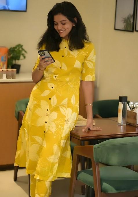 Yellow Embroidered Cotton Salwar Kameez