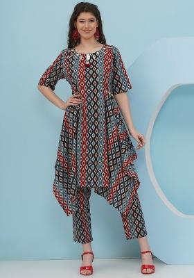 Blue Red Embellishment Cotton Co Ord Set