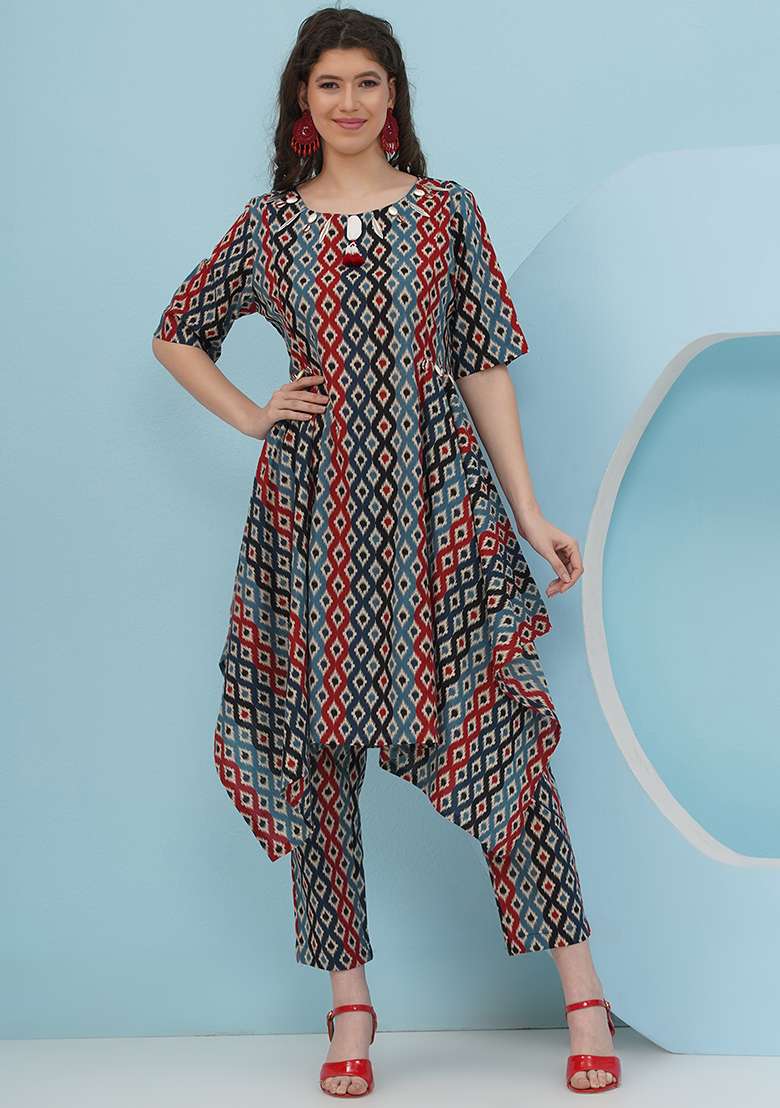 Blue Red Embellishment Cotton Co Ord Set - Indya