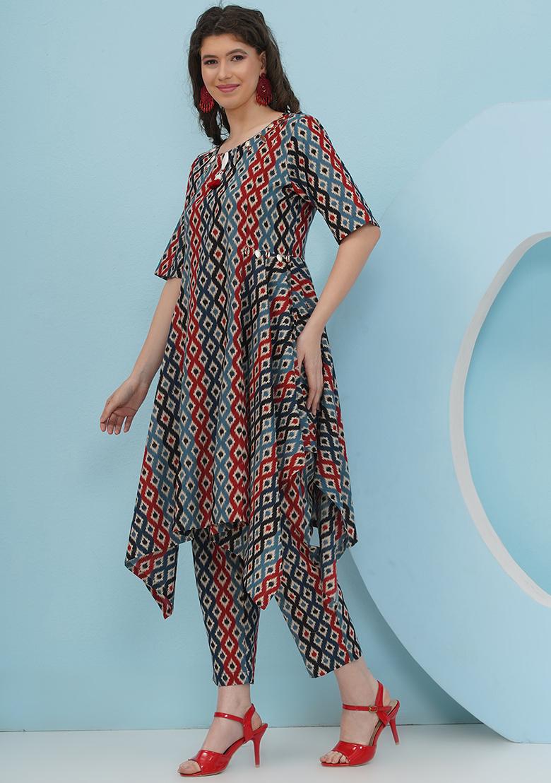 Blue Red Embellishment Cotton Co Ord Set