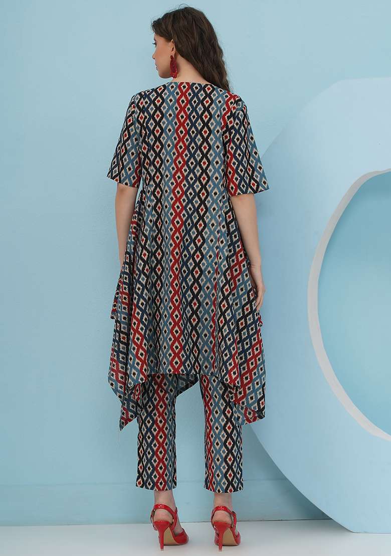Blue Red Embellishment Cotton Co Ord Set - Indya