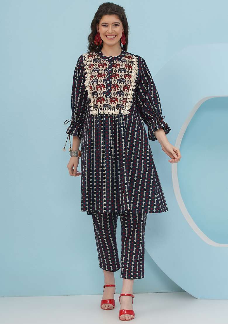 Blue Embellishment Cotton Co Ord Set - Indya