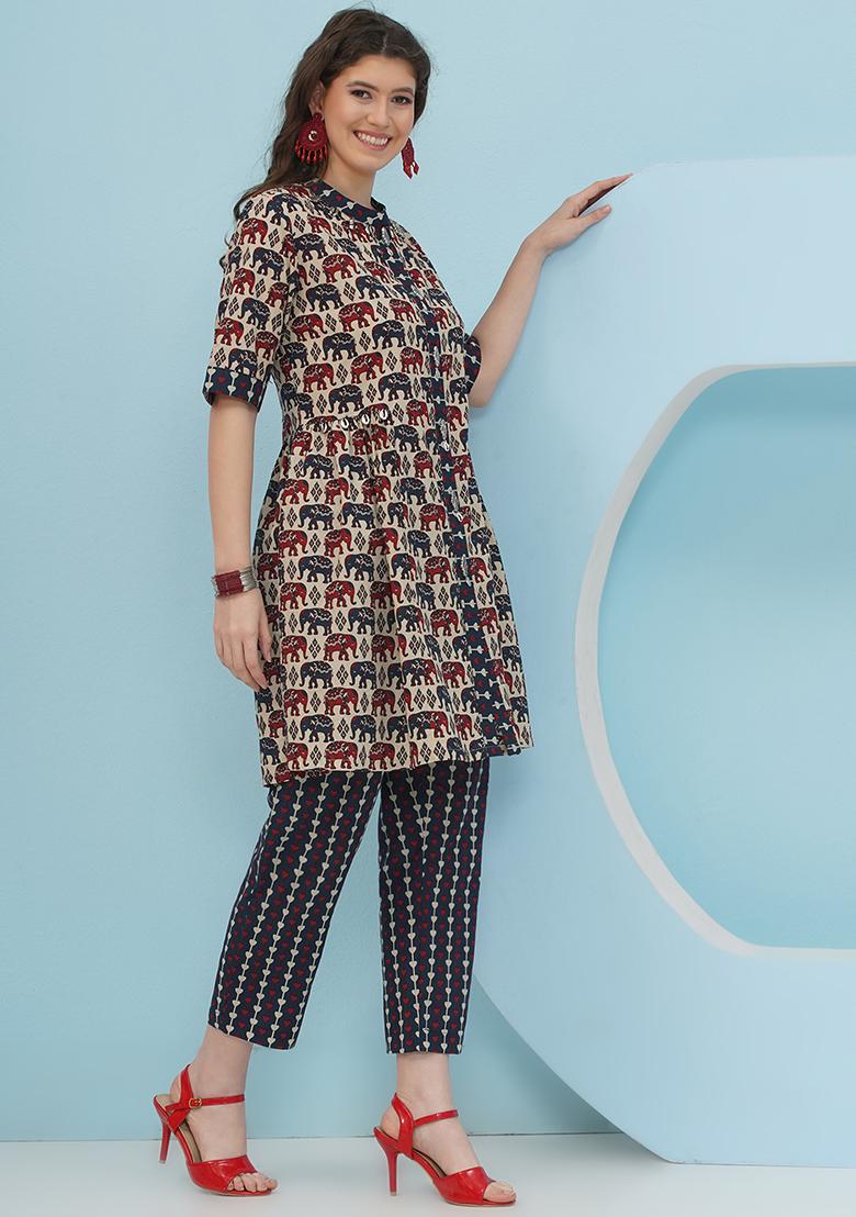 Beige Embellishment Cotton Co Ord Set