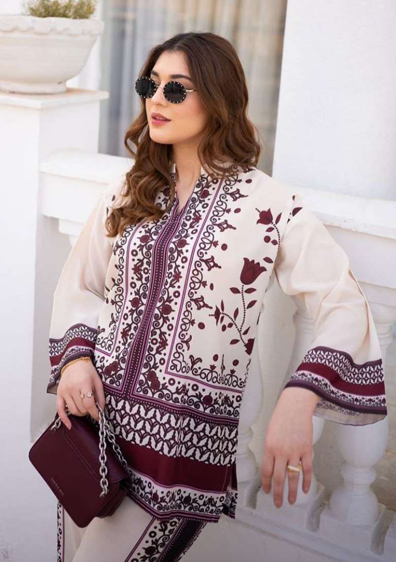 White Printed Rayon Co Ord Set - Indya