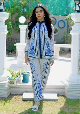 Blue Floral Print Rayon Co Ord Set