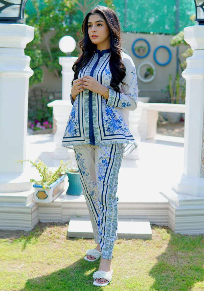 Blue Floral Print Rayon Co Ord Set - Indya